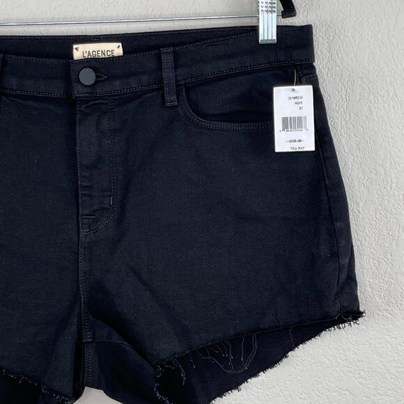 L’Agence Audrey Black Mid Rise Raw Hem Denim Jean Cutoff Shorts Size 31 NWT - Picture 8 of 15
